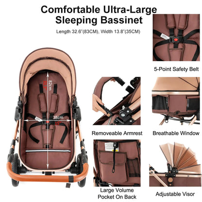 3-in-1 Baby Stroller Combo Car Seat,Travel System for Infant Baby Carriage with Isofix Base,Foldable Reversible Stroller Upto 55lbs