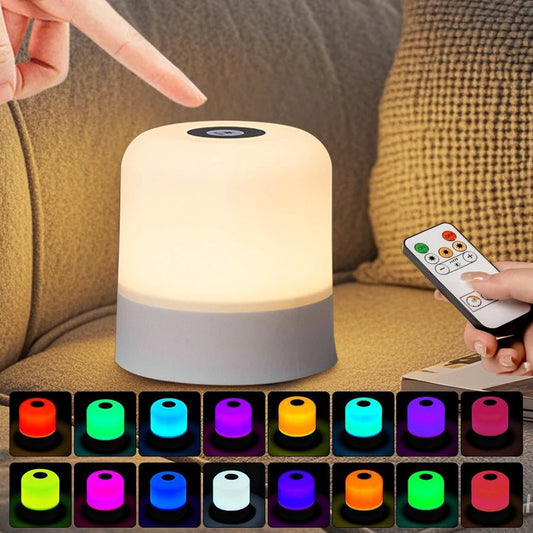 Rechargeable Led Night Light with Remote Control Touch Switch Table Lamp for Reading Bedroom White RGB Color Dimmable Portable - Nidoozi