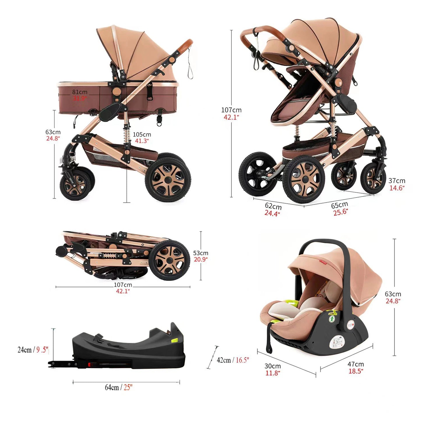 3-in-1 Baby Stroller Combo Car Seat,Travel System for Infant Baby Carriage with Isofix Base,Foldable Reversible Stroller Upto 55lbs