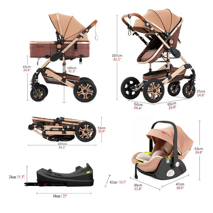 3-in-1 Baby Stroller Combo Car Seat,Travel System for Infant Baby Carriage with Isofix Base,Foldable Reversible Stroller Upto 55lbs