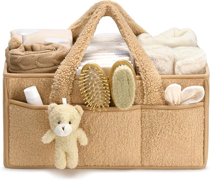 Baby Diaper Caddy Organizer for Changing Table, Plush Diaper Stackers & Caddies Diaper Bag with Teddy Bear,Diaper Storage Basket