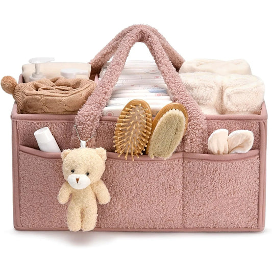 Baby Diaper Caddy Organizer for Changing Table, Plush Diaper Stackers & Caddies Diaper Bag with Teddy Bear,Diaper Storage Basket - Nidoozi